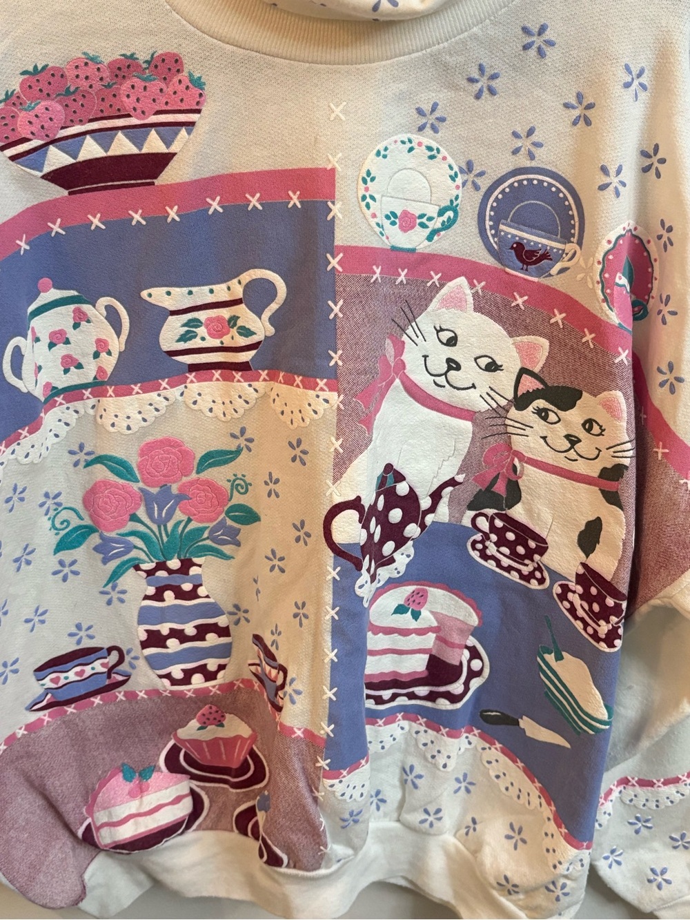 Vintage Cream Cat & Tea Party Print Turtleneck Sweater medium - Picture 2 of 12